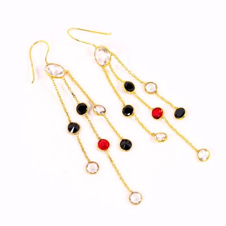 Colorful CZ Stone Chain Dangle Earrings in Brass with 22k Gold Plating